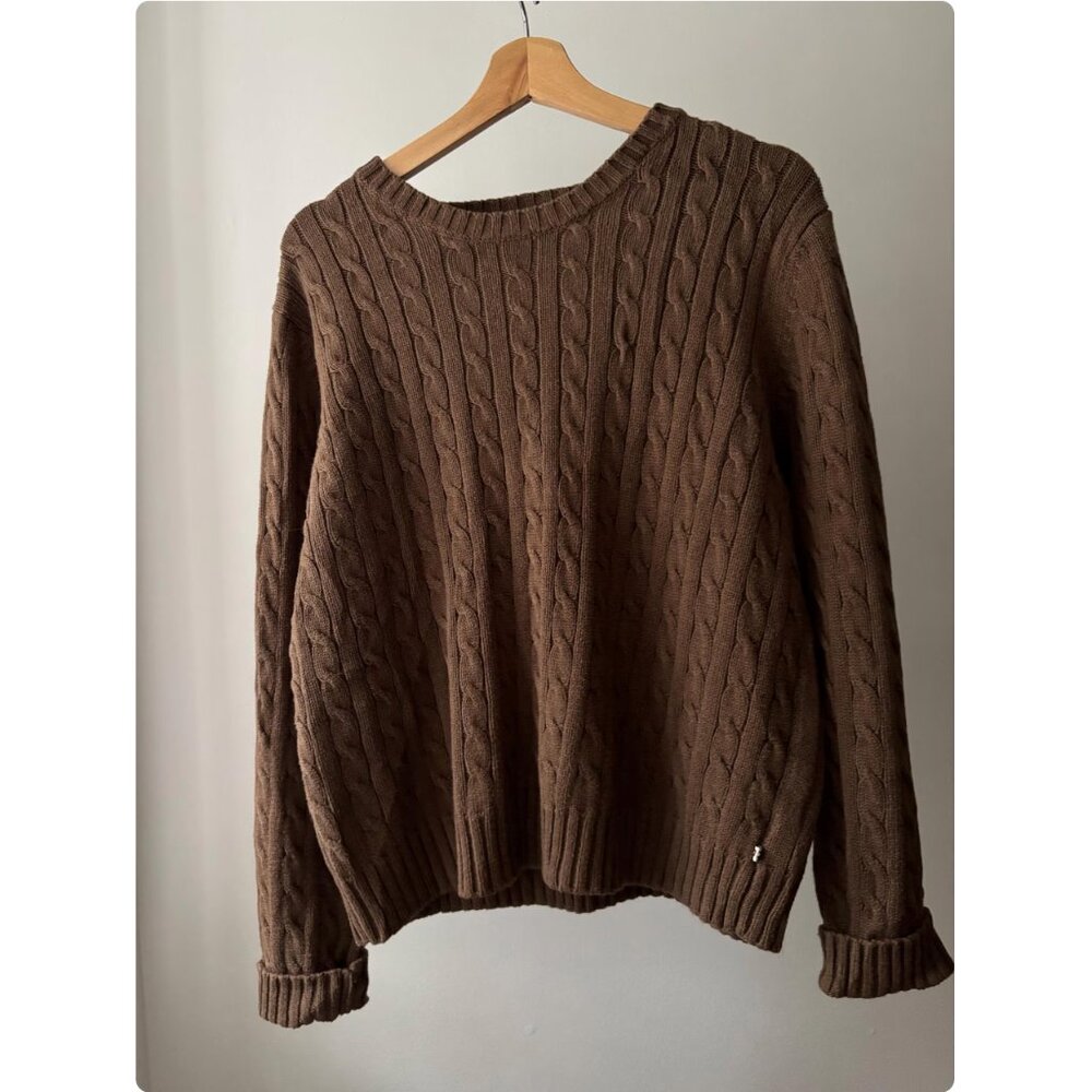 Y2K Brown Cotton Cable knit Sweater | Vintage Boxy Soft Crewneck - Picture 1 of 5
